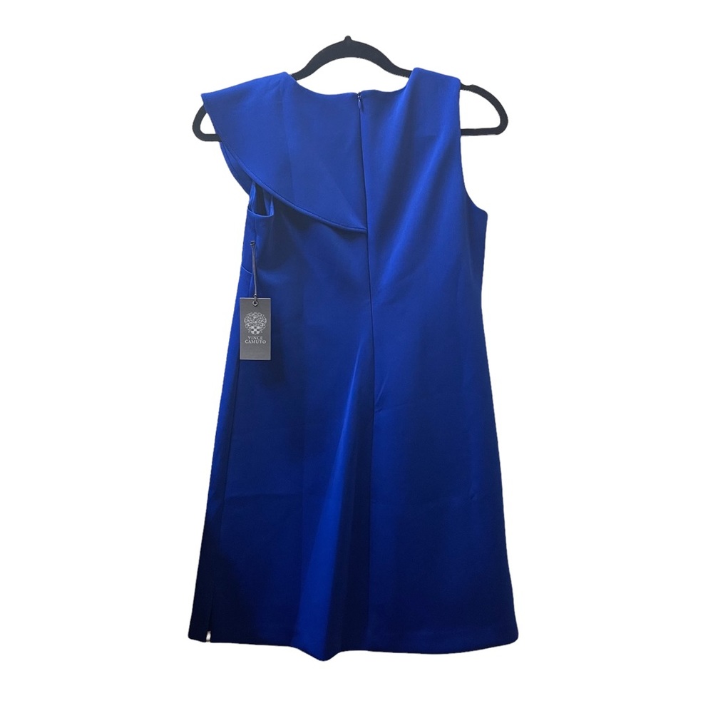 Vince Camuto Blue Sleeveless Ruffle Trim Scuba Sheath Dress - Picture 4 of 5
